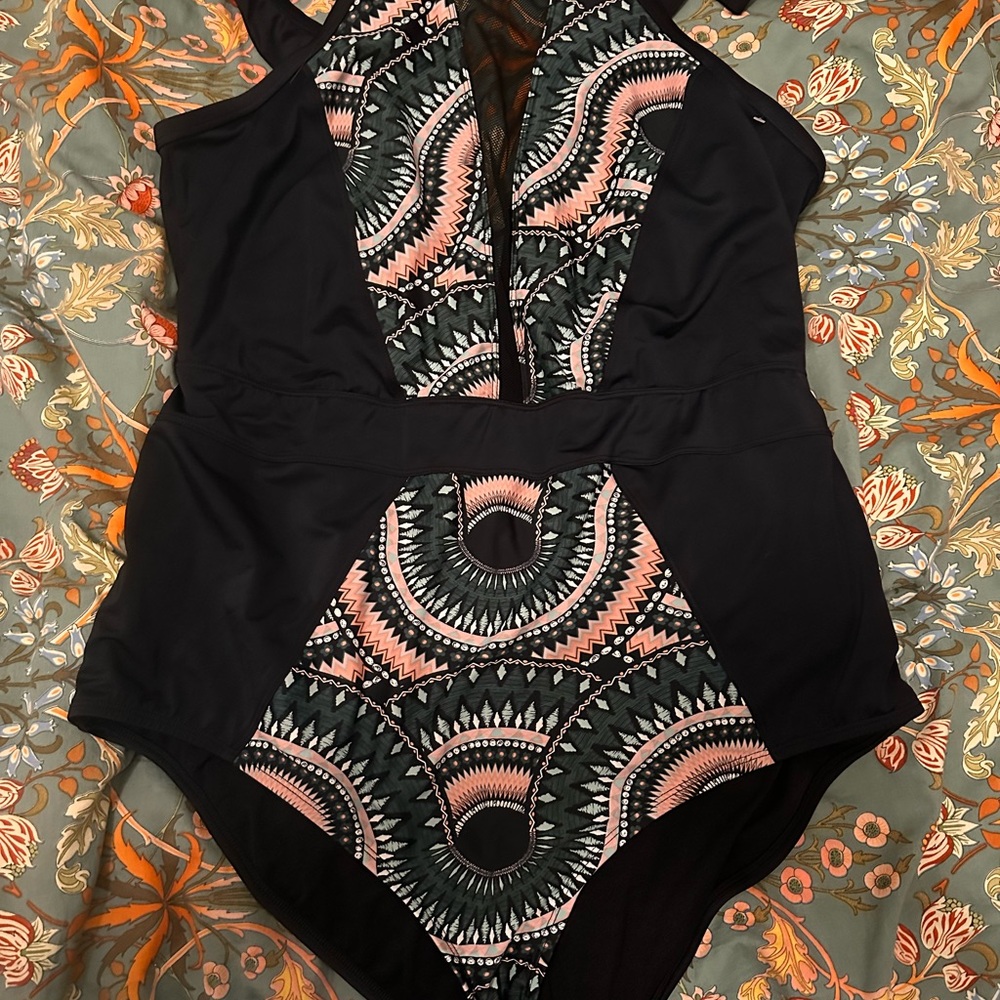 Adore Me Black and Pink Patterned Swimsuit 3X